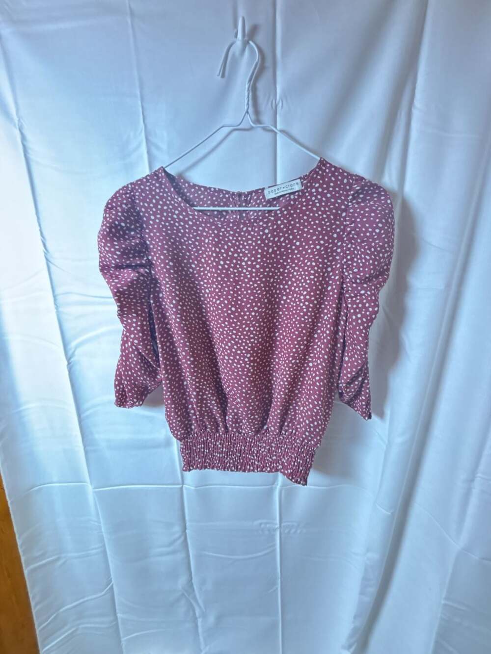 Paper Crane Mauve Polka Dot Smocked Waist Top with Ruched Puff Sleeves